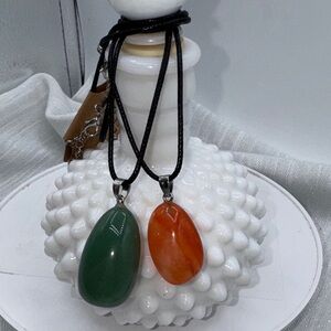 Carnelion & Aventurine 1.5” - 1.75” pendants on 9” cord, orange & green set of 2